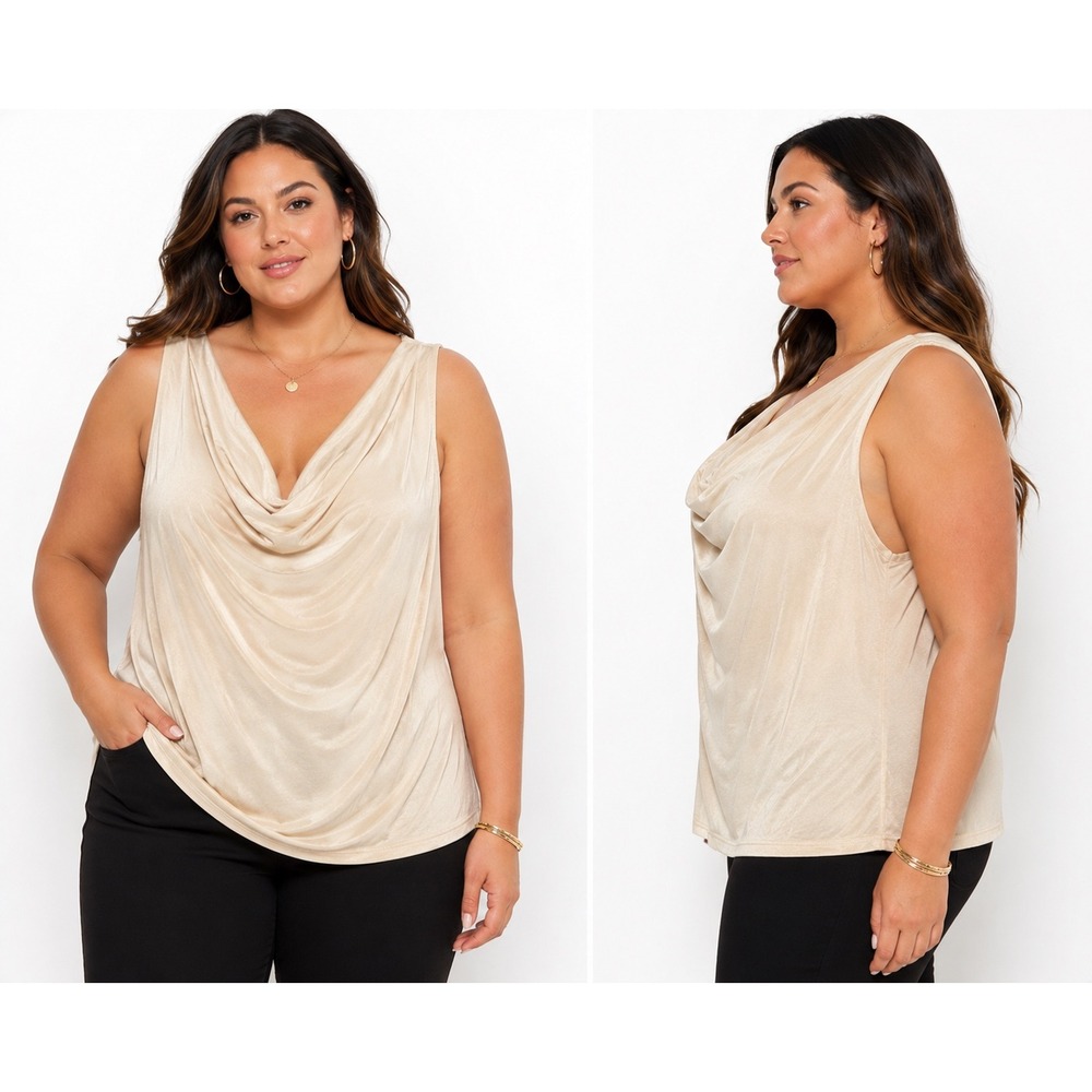 Made In Heaven Tank Top Womens 2X Beige Cowl Neck Sleeveless Stretch Blouse